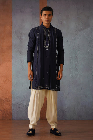 Niyar - Blue Hand Mirror Work Embroidered Kurta Set with Dupatta