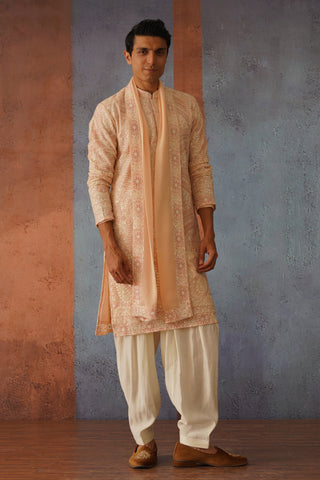 Ovais - Peach Embroidered Kurta Set with Dupatta