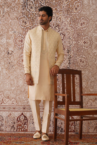 Farhil - Fawn Yoke Designed Jacket Kurta Set