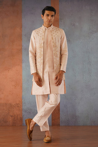 Zaviar - Pink Front Open Mirror Work Jacket Kurta Set