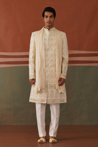 Shayan - Real Mirror Work Sherwani Set in Cream