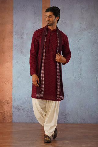 Qais - Wine Embroidered Kurta Set With Patiyala and Dupatta
