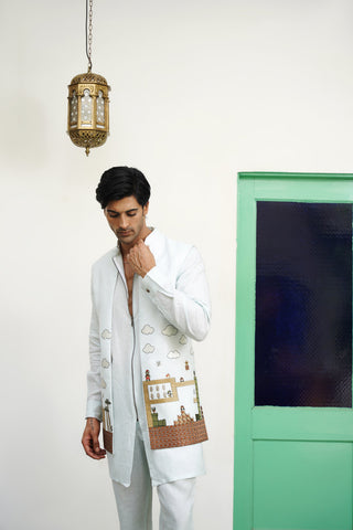 Sagar Sky Blue Linen Front Open Long Jacket Set
