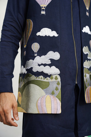 Naksh Navy Blue Linen Front Open Long Jacket Set
