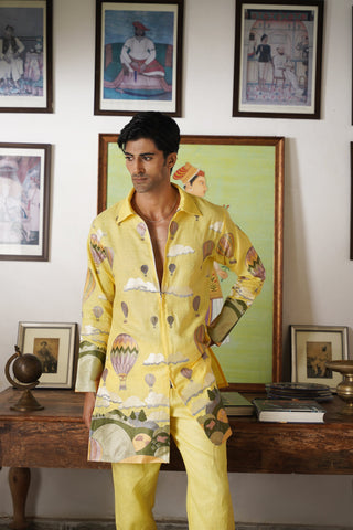 Arnav Yellow Linen Zipper Front Open Kurta Set