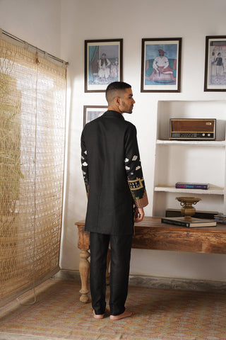 Rudra Black Linen Zipper Front Open Kurta Set