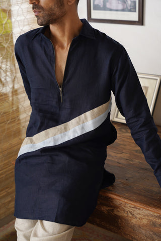 Tarak Navy Blue Linen Pathani Set