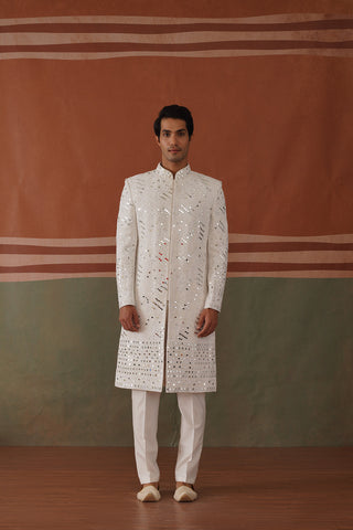 Kyran - Real Mirror Work Sherwani Set White