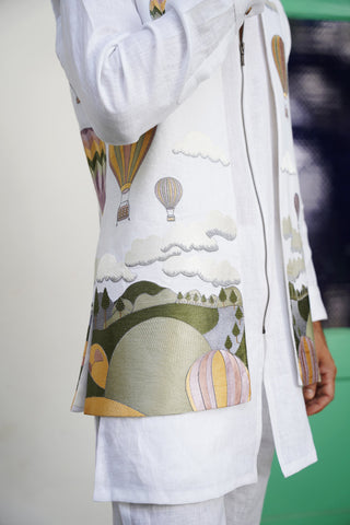 Umair White Linen Front Open Long Jacket Set