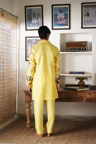 Arnav Yellow Linen Zipper Front Open Kurta Set