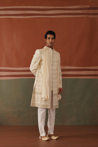 Shayan - Real Mirror Work Sherwani Set in Cream