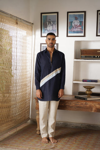 Tarak Navy Blue Linen Pathani Set