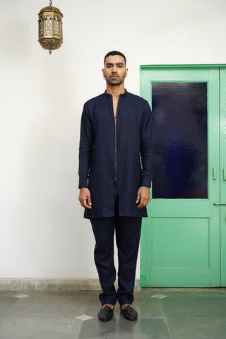 Hemant Navy Blue Zipper Short Kurta Set