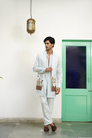 Sagar Sky Blue Linen Front Open Long Jacket Set