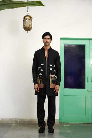 Kshitiz Black Linen Front Open Long Jacket Set