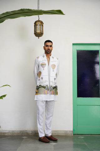 Umair White Linen Front Open Long Jacket Set