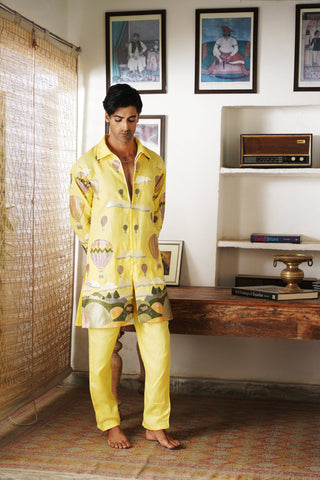 Arnav Yellow Linen Zipper Front Open Kurta Set