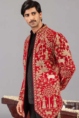 Pichwai Red Jodhpuri Set