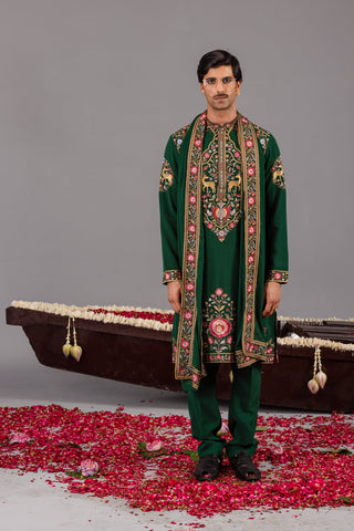 Jainam Vora in Deer Garden Bottle Green Kurta Set