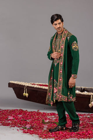 Jainam Vora in Deer Garden Bottle Green Kurta Set