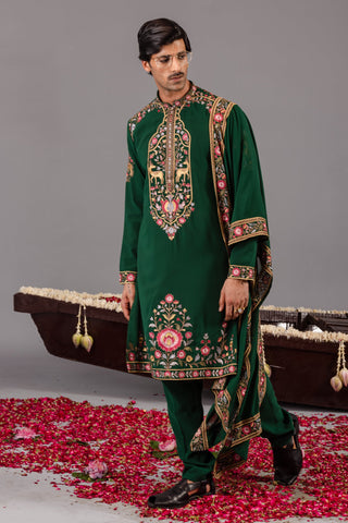 Jainam Vora in Deer Garden Bottle Green Kurta Set