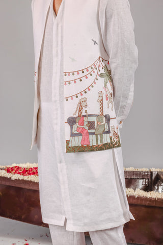 Carnival White Front Open Kurta Jacket Set