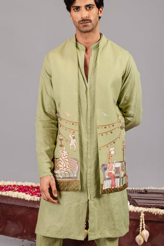 Carnival Green Front Open Kurta Jacket Set