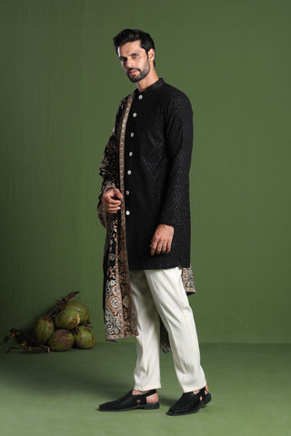 Rajas Black front open kurta Set with Heavy Embroidered Dupatta