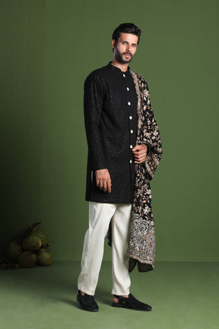 Rajas Black front open kurta Set with Heavy Embroidered Dupatta