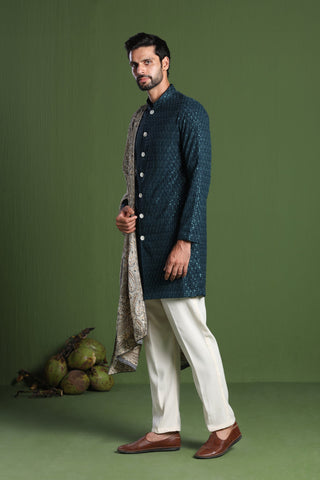 Akshay Teal front open kurta set with Heavy Embroidered Dupatta