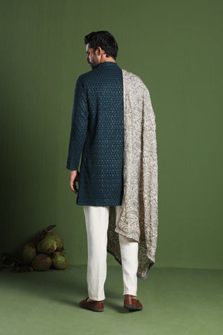 Akshay Teal front open kurta set with Heavy Embroidered Dupatta