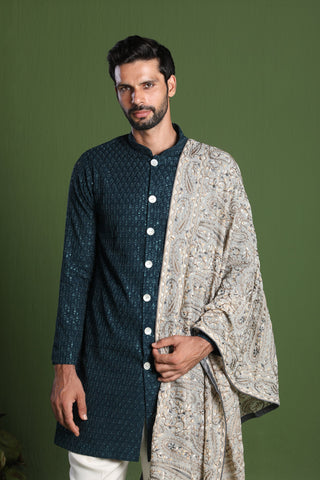 Akshay Teal front open kurta set with Heavy Embroidered Dupatta