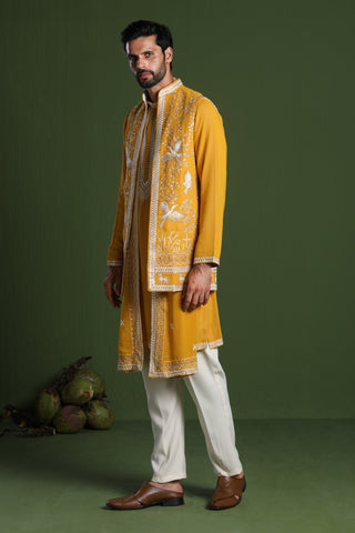 Jay Bhanushali in Aditya Haldi Kurta Set with Jacket and Dupatta