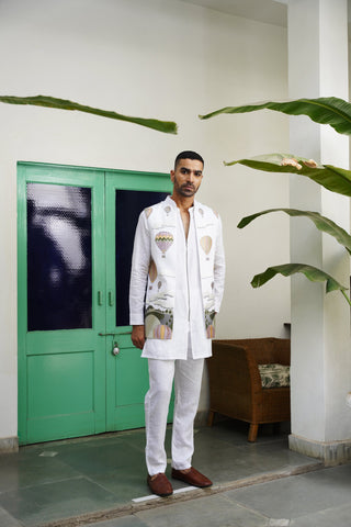 Daniel Weber in Umair White Linen Front Open Long Jacket Set