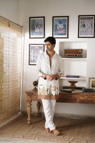 Anant Off White Linen Zipper Front Open Kurta Set