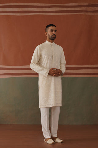 Karan Tacker in Nivan - Ivory Embroidered Kurta Trouser Set With Dupatta