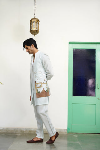 Sagar Sky Blue Linen Front Open Long Jacket Set