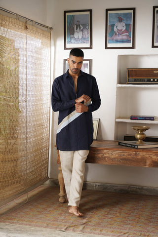 Tarak Navy Blue Linen Pathani Set