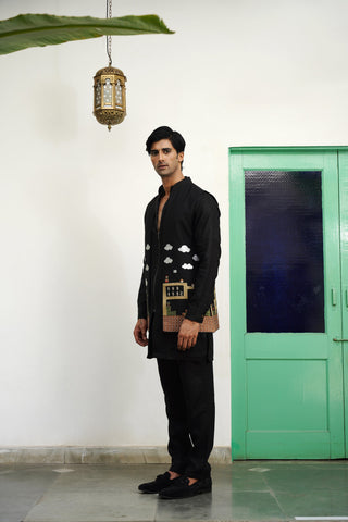 Kshitiz Black Linen Front Open Long Jacket Set