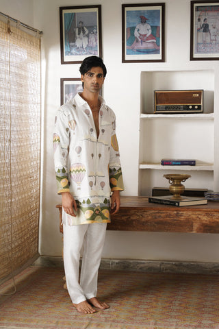 Yuvaan Off White Linen Zipper Front Open Kurta Set