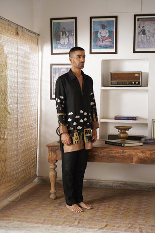 Rudra Black Linen Zipper Front Open Kurta Set