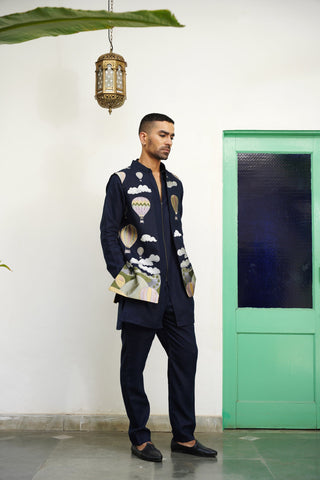 Naksh Navy Blue Linen Front Open Long Jacket Set