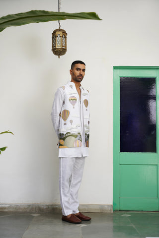 Umair White Linen Front Open Long Jacket Set