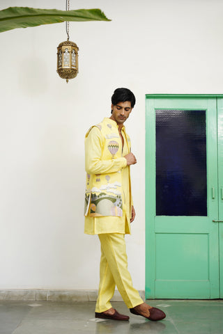 Yash Yellow Linen Front Open Long Jacket Set
