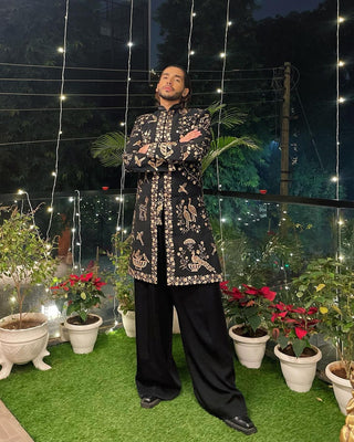 Siddharth Batra in Sukrit - Black Sherwani with Cutdana and Zari work