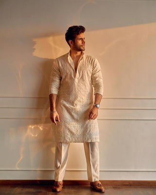 Karan Tacker in Nivan - Ivory Embroidered Kurta Trouser Set With Dupatta