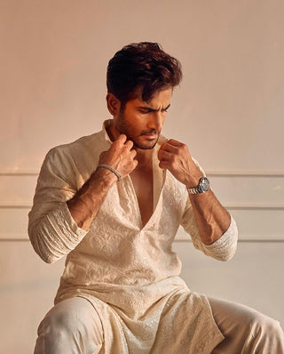 Karan Tacker in Nivan - Ivory Embroidered Kurta Trouser Set With Dupatta