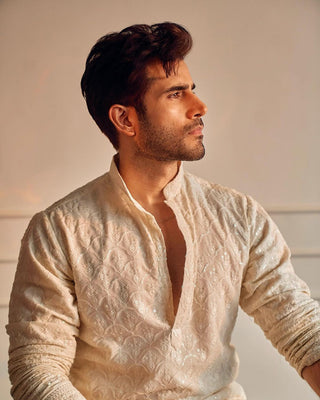 Karan Tacker in Nivan - Ivory Embroidered Kurta Trouser Set With Dupatta
