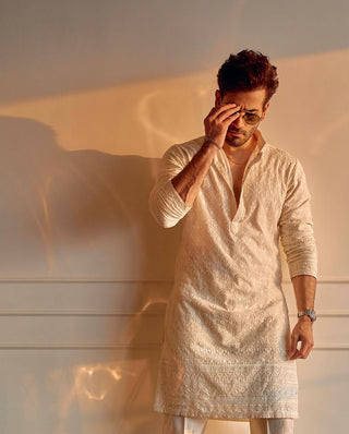 Karan Tacker in Nivan - Ivory Embroidered Kurta Trouser Set With Dupatta