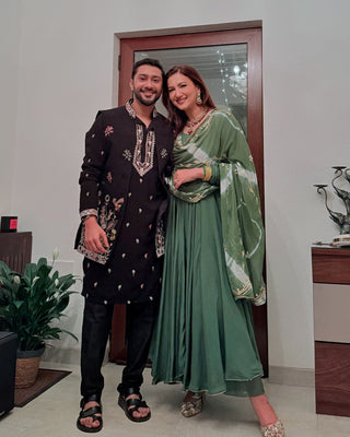 Zaid Darbar in Dhruv Real Mirror Work Black Kurta Jacket Set With Dhoti And Dupatta